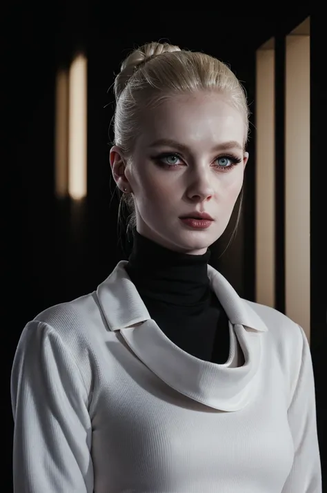 woman pretty, blonde, slicked back bun hair, blonde hair ,pale skin , ((wearing black turtleneck dress with doctor jacket )) , doctor woman , eyeliner ,white skin,foxy eyeliner , makeup ,pale woman painting, beautiful light, elegant, digital painting, smoo...