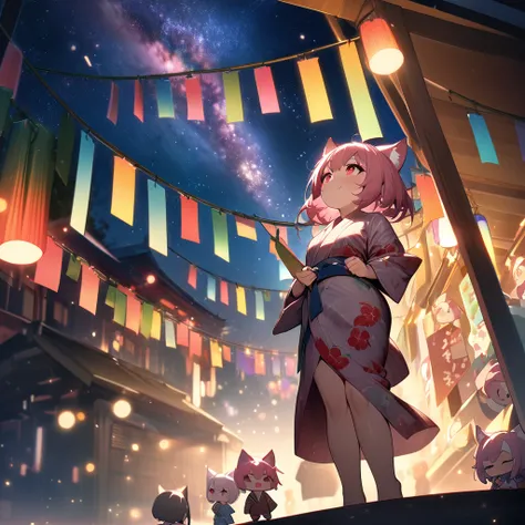 Top quality, masterpiece, chibi character, pink hair, animal ear girl, red eyes, best smile, looking up at the sky, yukata, Milky Way, night view, Tanabata Festival, large tall bamboos and colorful hanging decoration,gold light particles effect