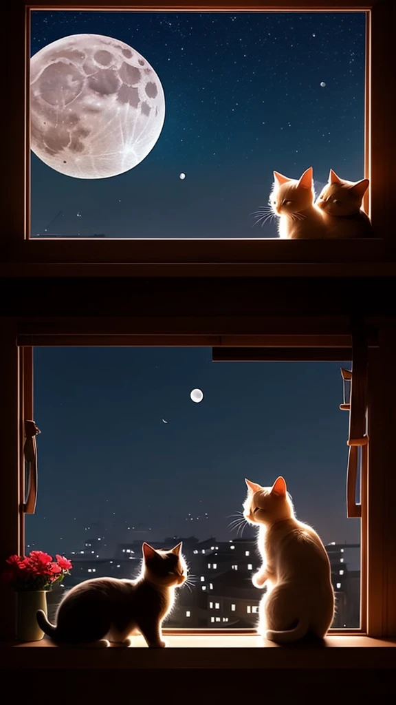 Two cute cats munchkins are kissing on the windowsill。The background is the moon。hight resolution。