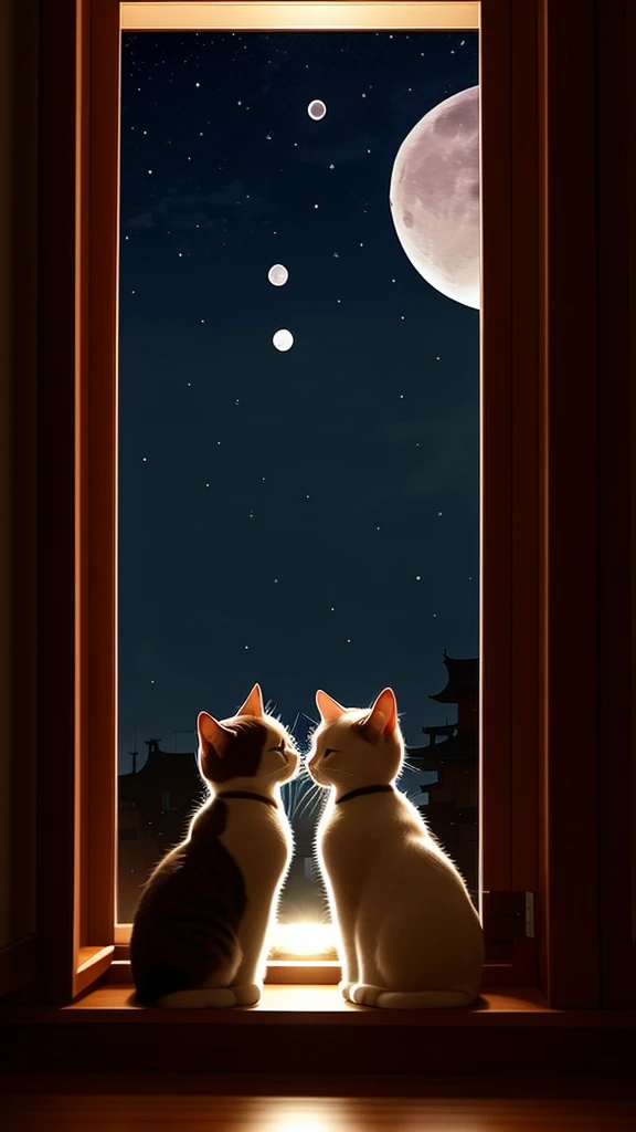 Two cute cats munchkins are kissing on the windowsill。The background is the moon。hight resolution。