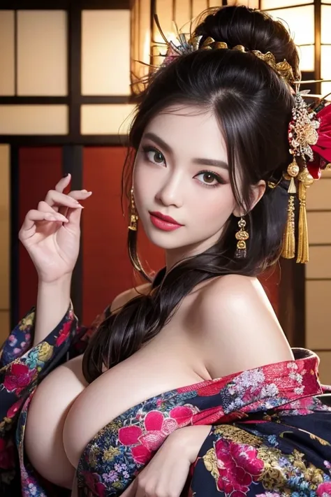 (Highest Quality, 8K, 32K, Masterpiece, UHD: 1.2), Perfect Anatomy, (Photorealistic: 1.2), (Sharp Focus), Soft Light, (Accurate Anatomy), Perfect in Every Detail, 1girl, Sexy Oiran, Cute Face, Beautiful and Seductive Figure, Wearing a Sexy Open Kimono. (No...