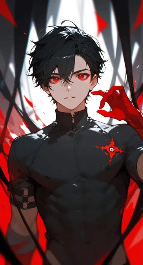 a boy, with black hair, red eyes, an fear in his eyes, with a background scribbled by hand