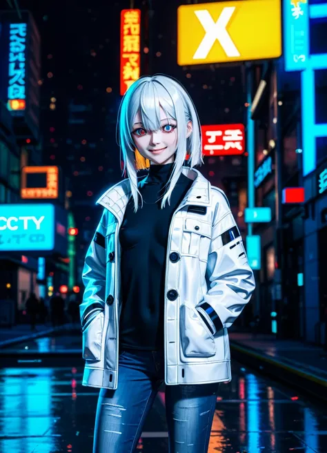 1girl, 15 years old, slim, small breasts, white hair, hairs between eyes, shoulder length hair, pale skin, bright red eye:1.3, white duffle coat and long-sleeve black sweater, open jacket, jeans, gold pocket watches hanging from the neck, BREAK kawaii, smi...