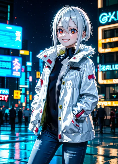 1girl, 15 years old, slim, small breasts, white hair, hairs between eyes, shoulder length hair, pale skin, bright red eye:1.3, white duffle coat and long-sleeve black sweater, open jacket, jeans, gold pocket watches hanging from the neck, BREAK kawaii, smi...