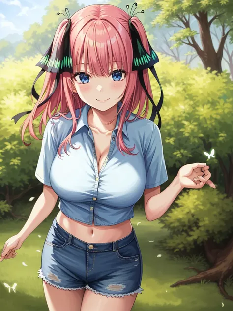 2d, masterpiece, best quality, anime, highly detailed, 1girl, solo, cowboy shot, nakano nino, pink hair, butterfly hair ornament, crop top , cleavage, Denim shorts , large breasts, standing, school, outdoors, smile