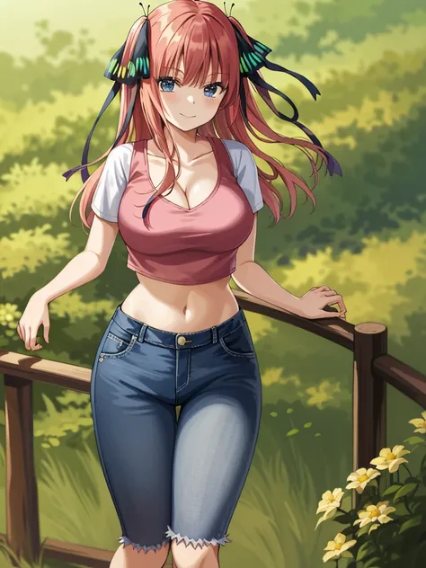 2d, masterpiece, best quality, anime, highly detailed, 1girl, solo, cowboy shot, nakano nino, pink hair, butterfly hair ornament, crop top , cleavage, Denim shorts , large breasts, standing, school, outdoors, smile