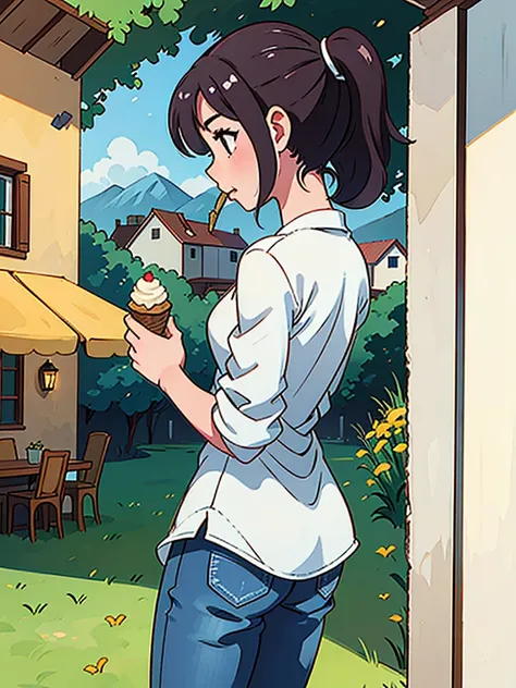 summer, Italy, countryside, Private house, hot day, sunlight, field, Standing Girl, Ice cream in mouth, ponytail, No sleeve, Tight jeans, Back view