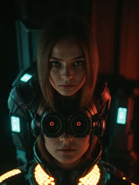 (grainy:0.5), cinematic,girl, space, serious, detailed eyes, detailed face, detailed futuristic clothes, lights in clothes, (aiming gun:1.1), (hiding:1.1), (squatting, looking to side:1.1), volumetric lighting, isolation, horror, dark lighting, red biolumi...