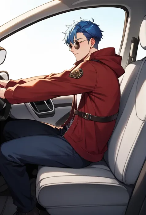 Round sunglasses　Black long coat　Blue hair sitting in a car　male　Put on the hood