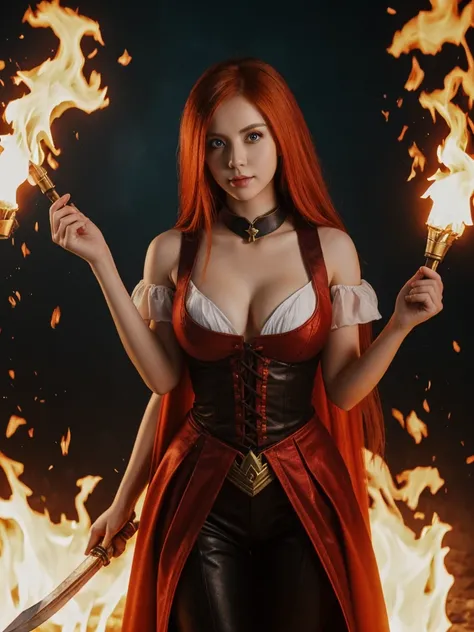 An outstanding painting of a beautiful white girl, flaming, surrounded by flames, dota2 fire girl style, ghost knife style, fire-like hair, long red hair, watery blue big eyes, thin waist, wide hips, mage robes, magic colors, World of Warcraft style, By Bl...