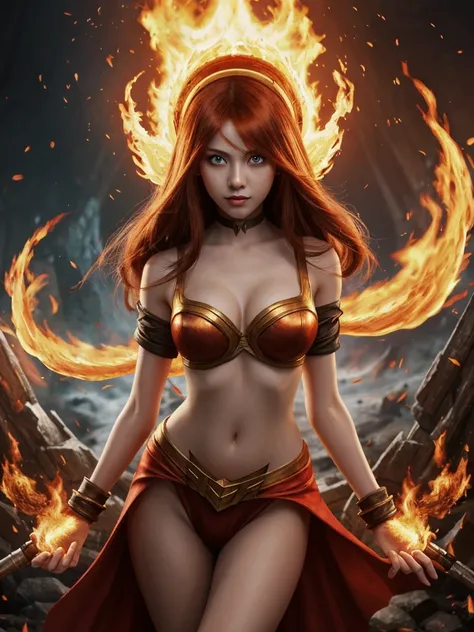 An outstanding painting of a beautiful white girl, flaming, surrounded by flames, dota2 fire girl style, ghost knife style, fire-like hair, long red hair, watery blue big eyes, thin waist, wide hips, mage robes, magic colors, World of Warcraft style, By Bl...