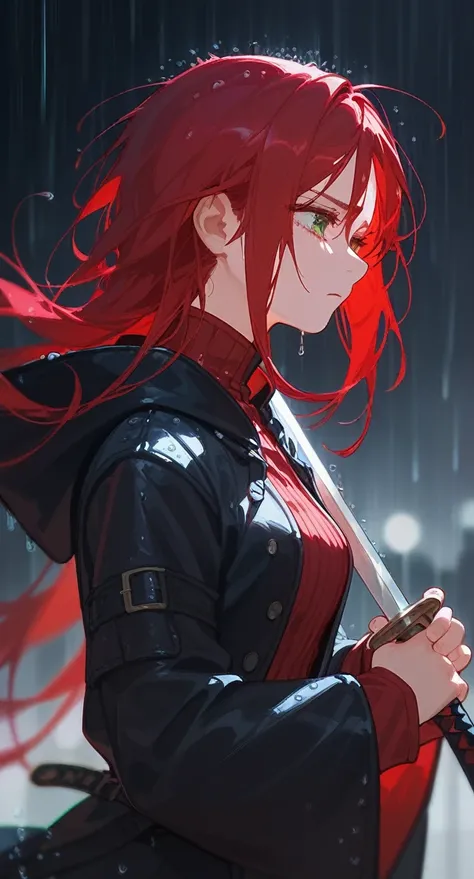 1 a girl, holding a long sword, sad, with rain, red hair,