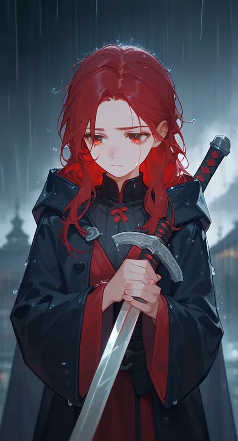 1 a girl, holding a long sword, sad, with rain, red hair,