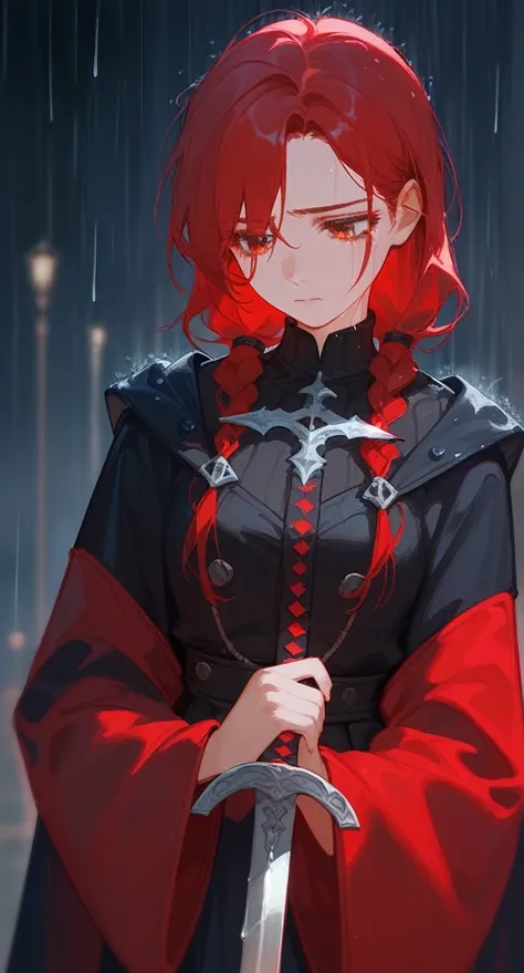 1 a girl, holding a long sword, sad, with rain, red hair,