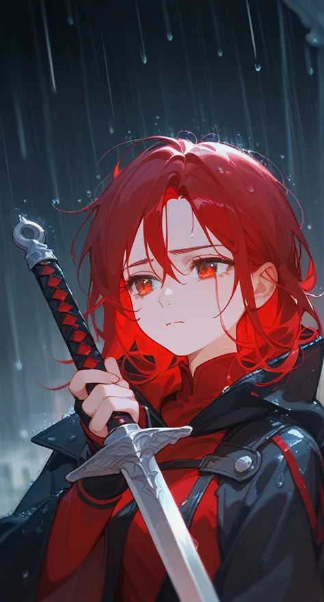 1 a girl, holding a long sword, sad, with rain, red hair,