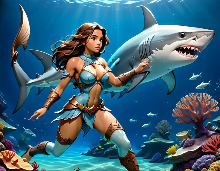 , a wide angle picture of a female human druid swimming along her pet shark, priest of underwater nature, cleric of underwater nature, art full body, ((anatomically correct)), dynamic position (intricate details, Masterpiece, best quality: 1.5) talking to ...