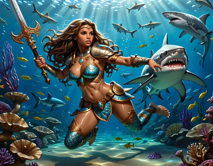 , a wide angle picture of a female human druid swimming along her pet shark, priest of underwater nature, cleric of underwater nature, art full body, ((anatomically correct)), dynamic position (intricate details, Masterpiece, best quality: 1.5) talking to ...