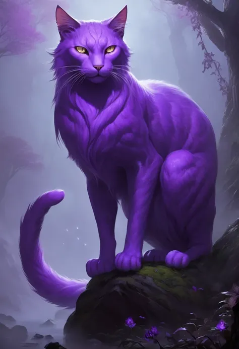 "A gigantic cat dwelling within the mist, its body made of purple fog. Its eyes shine gold, and its long, flexible tail sways gracefully. This cat serves as a familiar to a mage, moving freely within the fog and wielding magical powers."