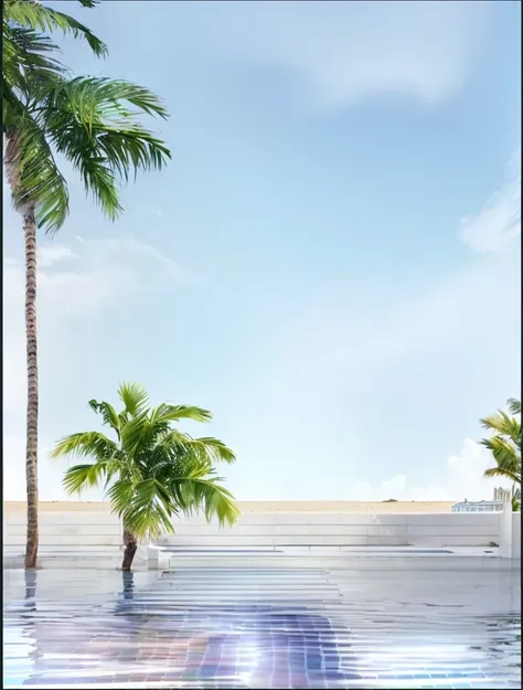 there are two palm trees in the water near the beach, realistic detailed background, realistic background, tropical pool, palm trees in the background, next to a tropical pool, tropical background, hyper realistic background, outdoors tropical cityscape, i...