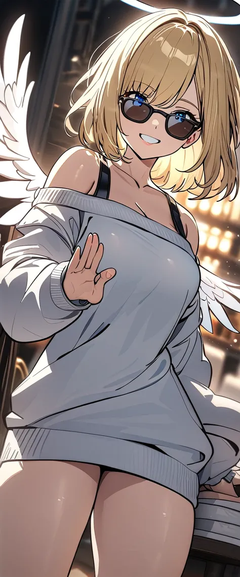 ((angel, big big white wings:1.3, halo:1.3)), ((from below)), (((sunglasses, hand to sunglasses))), (((cowboy shot))), archangel Uriel, ((wavy hair, inward curled hair)), evening, Sunset, ((blond hair, bob cut:1.3)), breasts, teenager, (looking at viewer),...