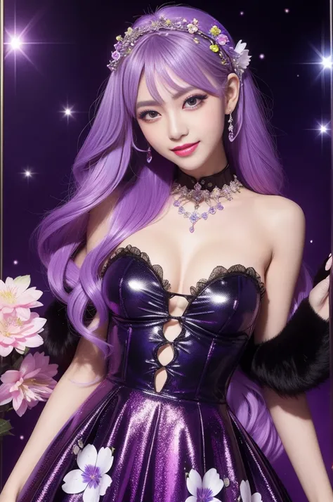 beautiful sexy model who controls poison、beautiful smile、lip-gloss、long lashes、dramatic makeup、look at the camera、full body Esbian、、sparkling poisoned flower costume、、、、shiny sparkling multicolor hair、secrete poison、skull hair accessories、fishnet tights、sh...