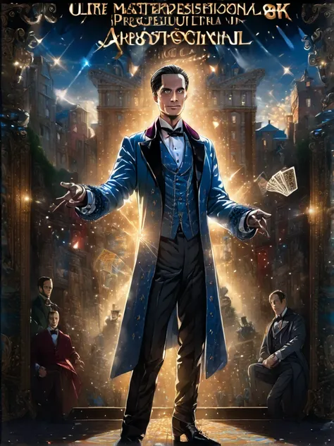 1 guy magician, dressed like an aristocrat, Movie poster, ((masterpiece:1.1)), 8 k, (very detailed and beautiful background), ((Ultra-precise image)), ((ultra detailed image)), (professional illustration:1.1), (professional lighting)