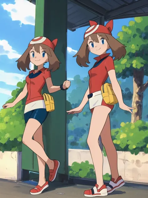 (masterpiece,asbsurdres,highres,best quality:1.2),1girl,solo,may (pokemon),outdoors,looking at viewer,smile, fanny pack