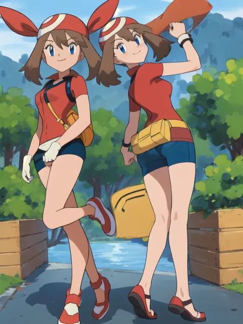 (masterpiece,asbsurdres,highres,best quality:1.2),1girl,solo,may (pokemon),outdoors,looking at viewer,smile, fanny pack