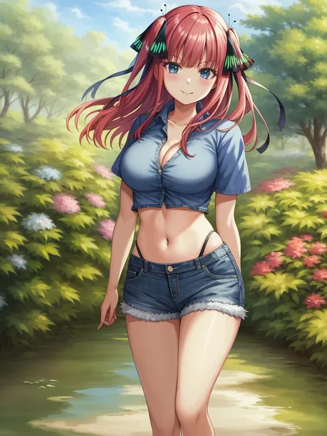 2d, masterpiece, best quality, anime, highly detailed, 1girl, solo, cowboy shot, nakano nino, pink hair, butterfly hair ornament, crop top , cleavage, Denim short shorts , large breasts, standing, school, outdoors, smile