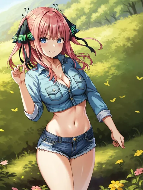 2d, masterpiece, best quality, anime, highly detailed, 1girl, solo, cowboy shot, nakano nino, pink hair, butterfly hair ornament, crop top , cleavage, Denim short shorts , large breasts, standing, school, outdoors, smile