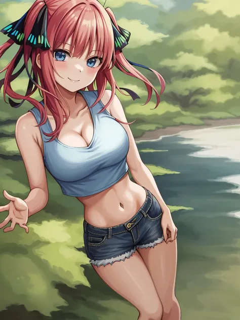 2d, masterpiece, best quality, anime, highly detailed, 1girl, solo, cowboy shot, nakano nino, pink hair, butterfly hair ornament, crop top , cleavage, Denim short shorts , large breasts, standing, school, outdoors, smile