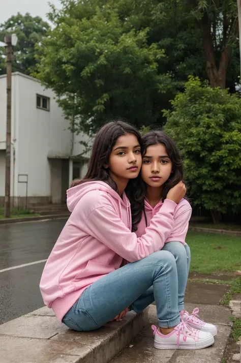 A real indian 16 year old cute boy Sitting on small
wall and hugging, with 16 years old cute girl body
happy standing, holding pink umbrella haven raining
a street, the boy is wearing pink hoodie clear written
bold nam "Divyansh"and girl wearing pink top a...