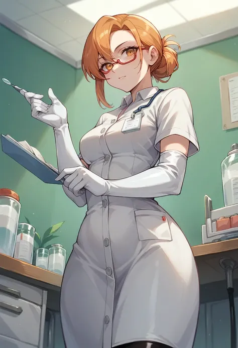 1girl, ((white elbow gloves)), ((surgical gloves)), ((latex gloves)), ((long sleeves)) ((orange surgeon outfit)), looking at viewer, ((doctor)), standing, solo