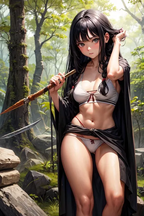 Best image quality, threaten, Holding a spear, Parent and , primitive, Primary forest, In underwear, ""Primitive clothing"", woman, Black Hair, Tying up hair, paint