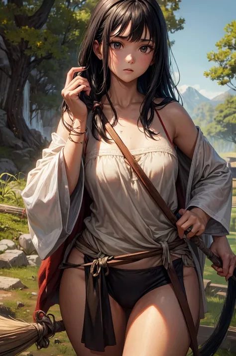 Best image quality, threaten, Holding a spear, Parent and , primitive, Primary forest, In underwear, ""Primitive clothing"", woman, Black Hair, Tying up hair, paint