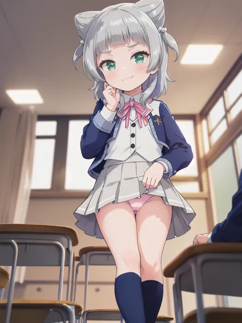 indoor,((classroom)),,Focus from below, 1girl,Green Eyes, Grey Hair, hair ornaments, bangs, Virtual YouTuber, blunt bangs, Double Bang, Animal ears, Flat Chest,uniform,Navy Blue Blazer,White shirt,Pink ribbon,Grey Skirt,Pink Panties,1boy,Black short hair,T...