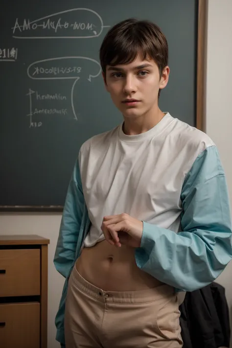 A beautiful young male twink with a face with reddish makeup. He has black hair. He is wearing a white, long-sleeved shirt and aqua blue pants. He is in his scientific office, and behind him is a blackboard on which is written the shape of the brain and it...