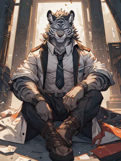 {{bara extremely handsome white tiger,}} {{white fur,}} white, wearing military like ornate trench coat, trousers, white dress shirt and necktie, white fluffy furry body and limbs, loafers, very tall, very broad shoulders, narrow waist, muscular arms, mass...