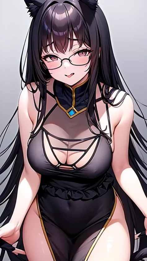 A 20-year-old cat girl with long black hair, gray eyes, bust, wears glasses, and a thigh-length black evening dress. Stick out your tongue