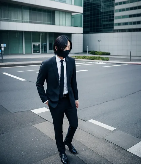 Realistic photos、A 27-year-old Japanese man walking in a suit, his face not visible.、Not looking at the camera、