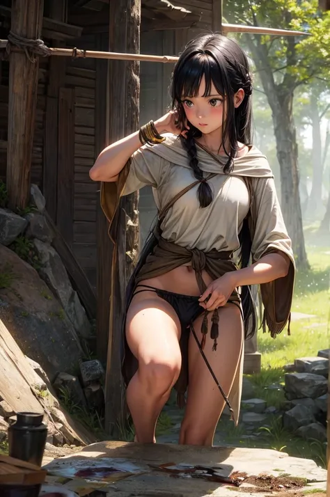 Best image quality, threaten, Settlement, Holding a spear, Parent and , primitive, Primary forest, In underwear, ""Primitive clothing"", woman, Black Hair, Tying up hair, paint