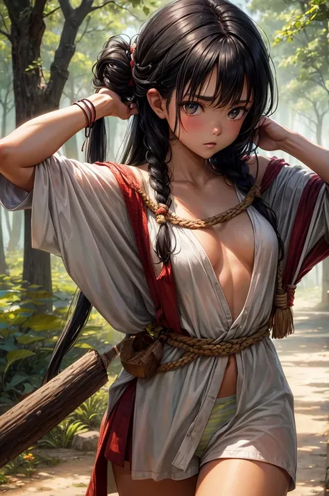 Best image quality, threaten, Settlement, Holding a spear, Parent and , primitive, Primary forest, In underwear, ""Primitive clothing"", woman, Black Hair, Tying up hair, paint