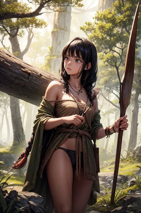 Best image quality, threaten, Settlement, Holding a spear, Parent and , primitive, Primary forest, In underwear, ""Primitive clothing"", woman, Black Hair, Tying up hair, paint