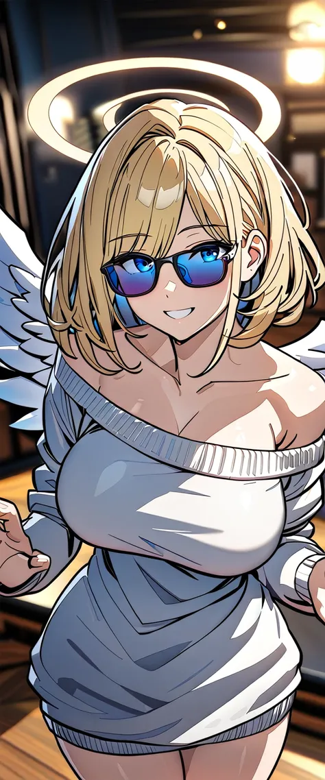 ((angel, big big white wings:1.3, halo:1.3)), ((from above)), (((sunglasses, hand to sunglasses))), (((cowboy shot))), archangel Uriel, ((wavy hair, inward curled hair)), evening, Sunset, ((blond hair, bob cut:1.3)), big breasts, teenager, (looking at view...