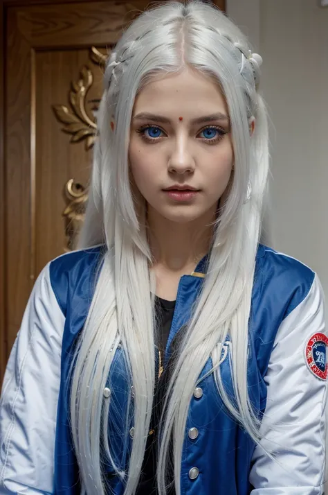 A woman with blue eyes and long white hair,wearing varsity jacket with ten hand looks like goddes kali from hindu