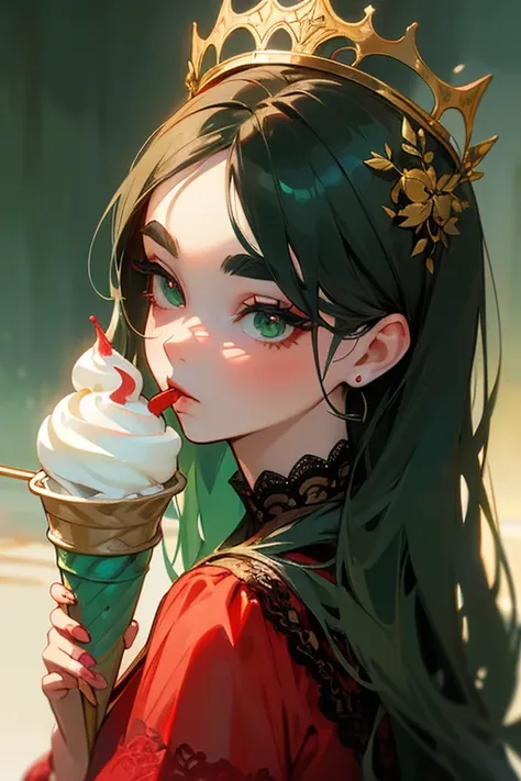 (Highest quality, masterpiece:1.2), High resolution, Very detailed, Realistic:1.37, Fantasy, An illustration, Green Eyes、Queen, ((Red lace swimsuit)).Platinum decoration、beautifully、Eyeshadow Red、Thick eyebrows、Long eyelashes、pupils are black、Her hair is d...