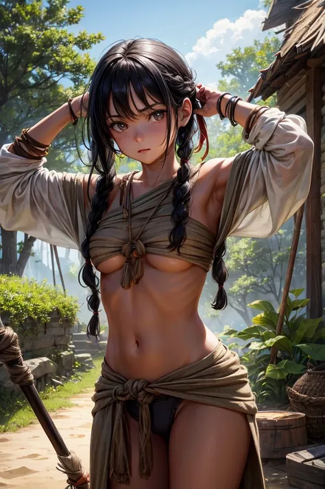 Best image quality, threaten, Settlement, Holding a spear, Parent and , primitive, Primary forest, In underwear, ""Primitive clothing"", woman, Black Hair, Tying up hair, paint