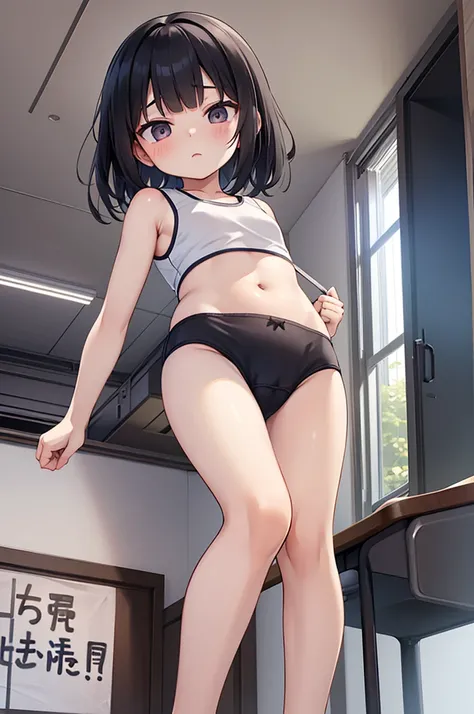 In underwear,Yukimi, 10., Blunt bangs,Shortcuts,Black Hair,,Flat Chest, Expressionless, shy, whole body, Highest quality, School classroom、Angle from below、stand、Sports Bra,(Childrens panties:1.4)、Embarrassing,Put your hands behind your back
