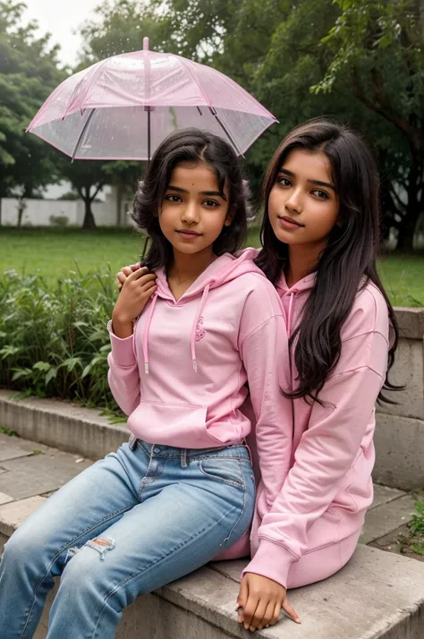 A real indian 16 year old cute boy Sitting on small
wall and hugging, with 16 years old cute girl body
happy standing, holding pink umbrella haven raining
a street, the boy is wearing pink hoodie clear written
bold nam "Divyansh"and girl wearing pink top a...