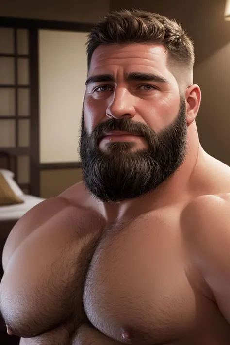 8KUHD Very Extremely Realistic Very Detailed High Quality Create a professional studio-style photograph featuring two middle-aged daddy muscle bears , burly, hairy, beared big daddy bear,  and very realistic detailed rugged burly man and his husband in sho...